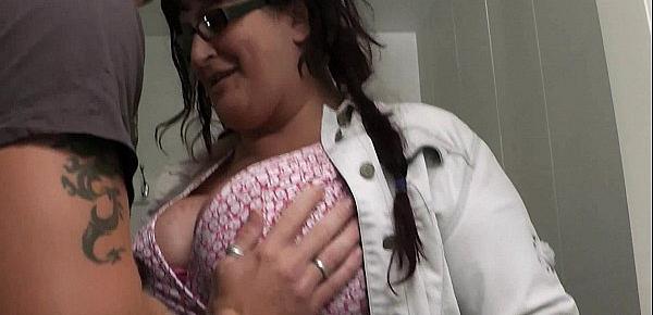  Chubby gf rides big cock in the restroom